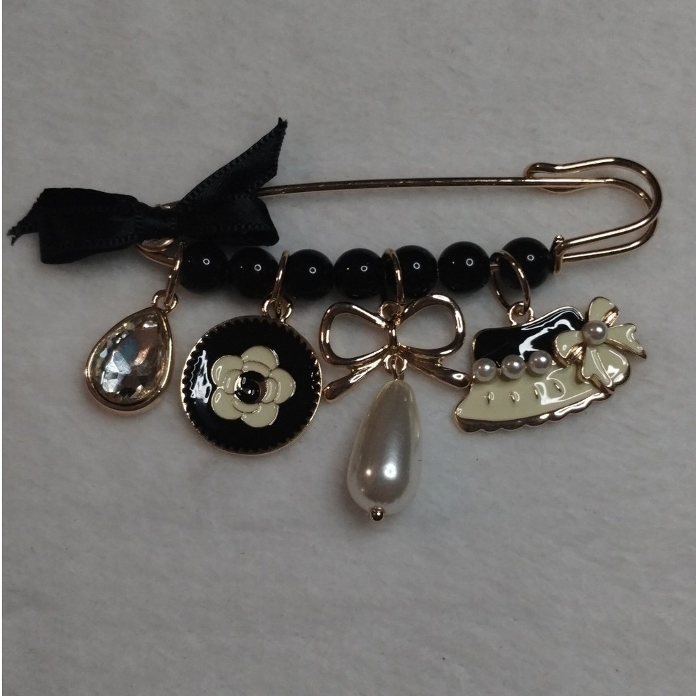Gold Tone Safety Pin Brooch with Black Enamel Charms Camellia Flower Bow Pearl